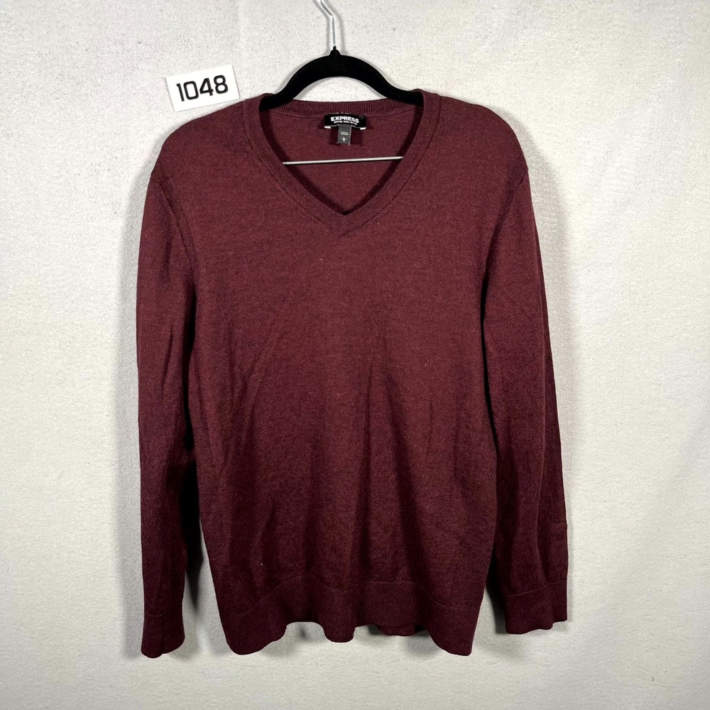 Express V-Neck Sweater Mens L Burgundy Excellent Merino Wool Blend Long Sleeve